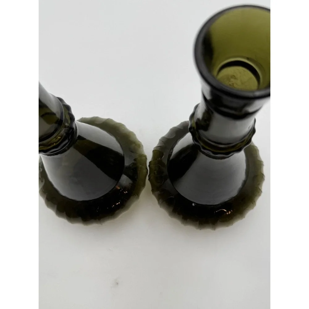 Vintage Olive Green Genie Bottle Decanters Set of 2 Mid Century Glass D-334 1964